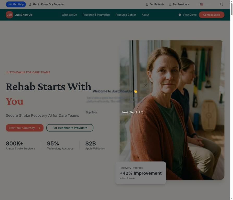 JustShowUp patient using AI-guided stroke rehabilitation at home